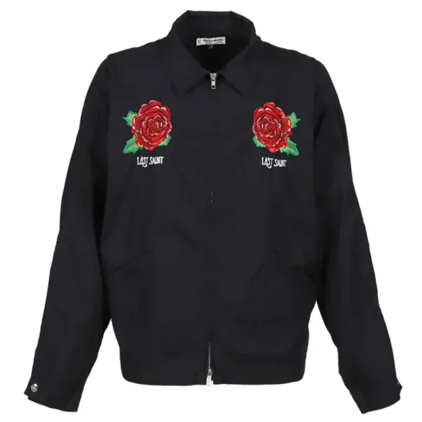 Elevate your look with our Black SAINT Mxxxxxx × LASTMAN Last Saint Zip-Up Jacket, featuring red rose embroidery, “LAST SAINT” details, and sleek zip-up style.