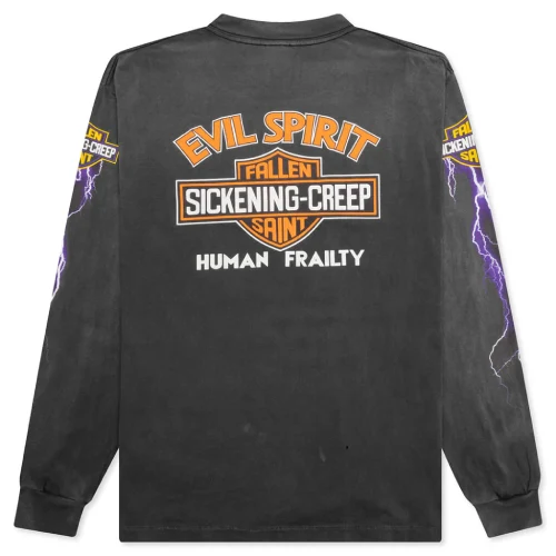 Black Saint Michael Evil Spilit L/S Tee is crafted from cotton for breathable comfort, featuring a relaxed fit with ribbed crewneck and cuffs for a classic look